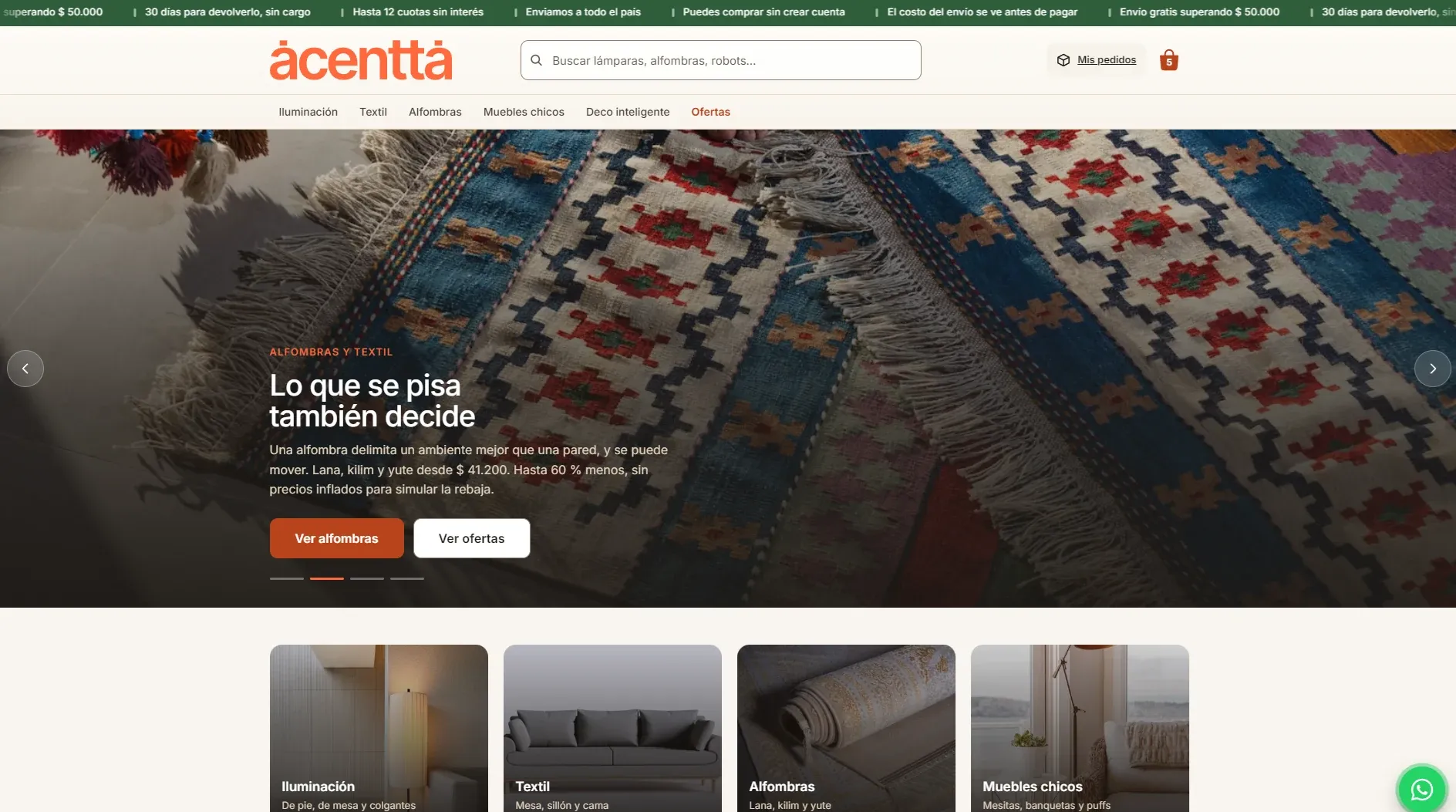 Home de Acentta con una alfombra kilim a pantalla completa y la barra de beneficios arriba