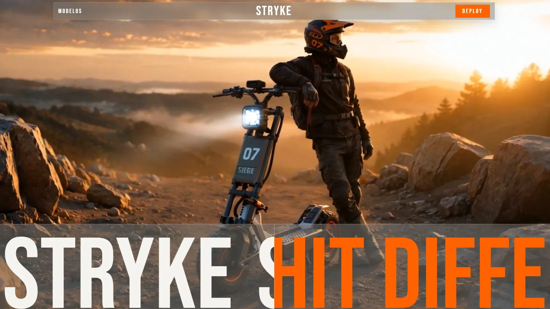 Hero de Stryke con un rider y una moto eléctrica en un cerro al atardecer, y el nombre en tipografía gigante abajo